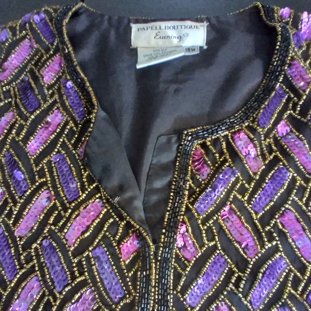 Papell Boutique Evening Jeweled Womens Silk Cardigan Jacket Size 16W Elegant - Picture 1 of 8